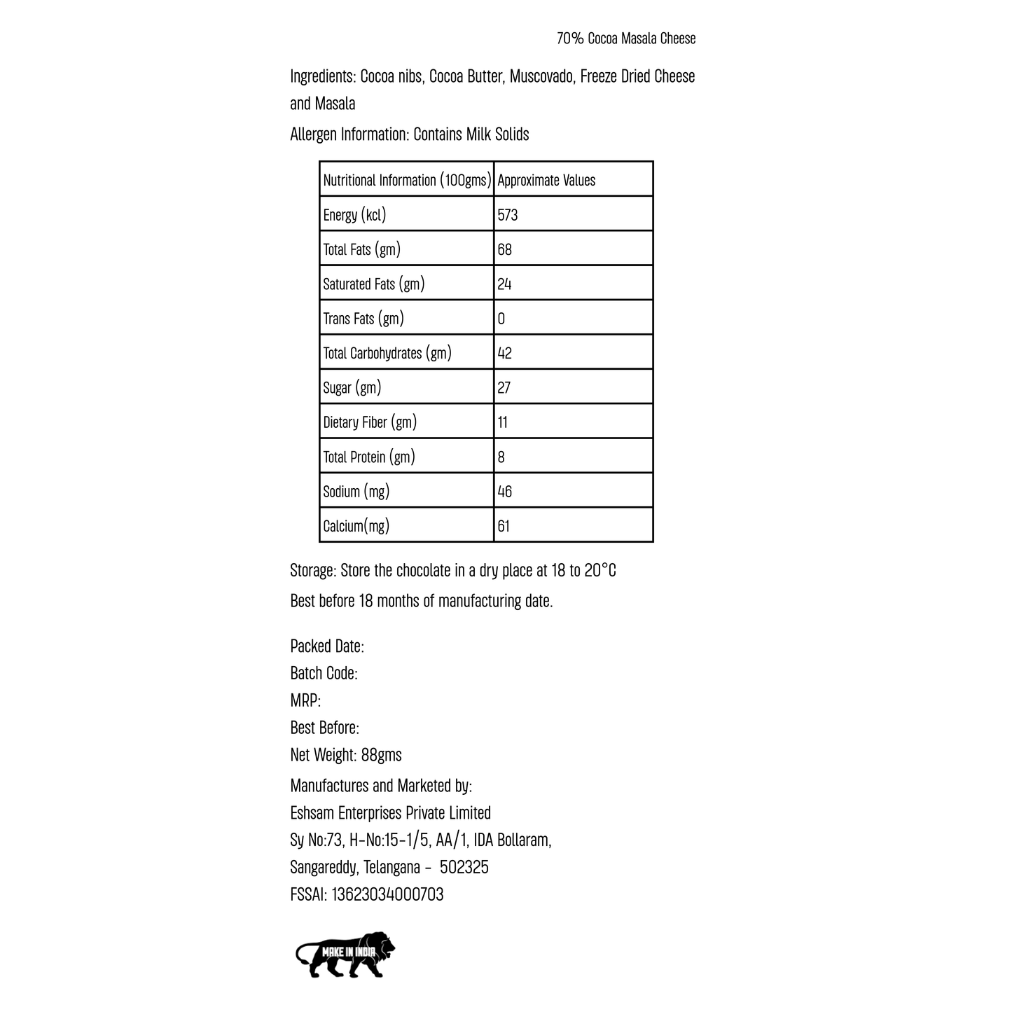 70% Dark Chocolate Bars with Masala Cheese | 88gms