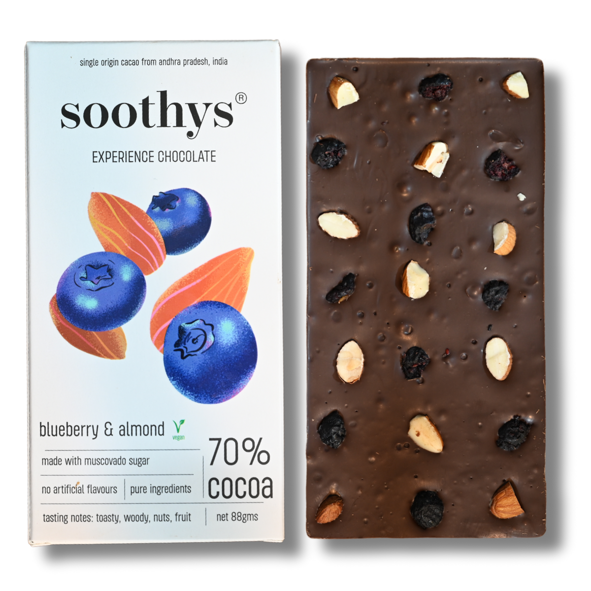 70% Dark Vegan Chocolate Bars with Blueberry and Almonds | 88gms