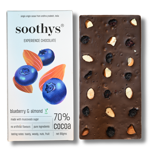 70% Dark Vegan Chocolate Bars with Blueberry and Almonds | 88gms
