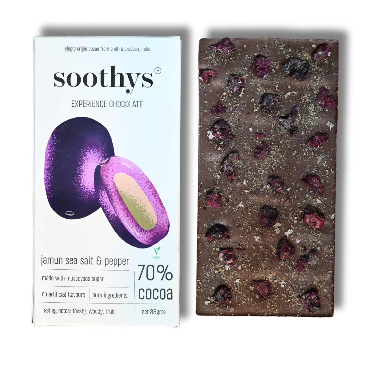70% Dark Vegan Chocolate Bars with Jamun, Sea Salt and Pepper | 88gms