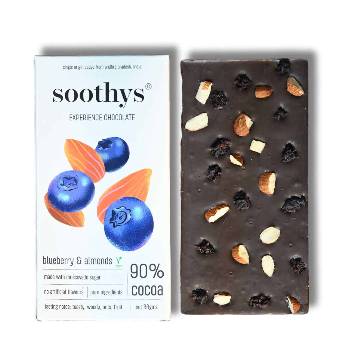 90% Dark Vegan Chocolate Bars with Blueberry and Almonds | 88gms