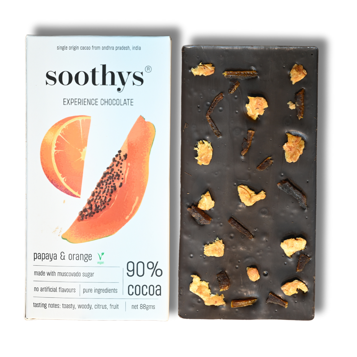 90% Dark Vegan Chocolate Bars with Papaya & Orange | 88gms