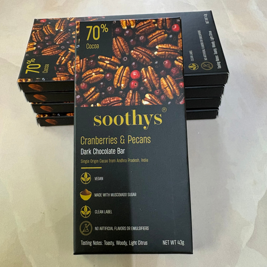 Pack Of 5 | 70% Dark Chocolate Bars Cranberry and Pecans | Vegan | 43 gms