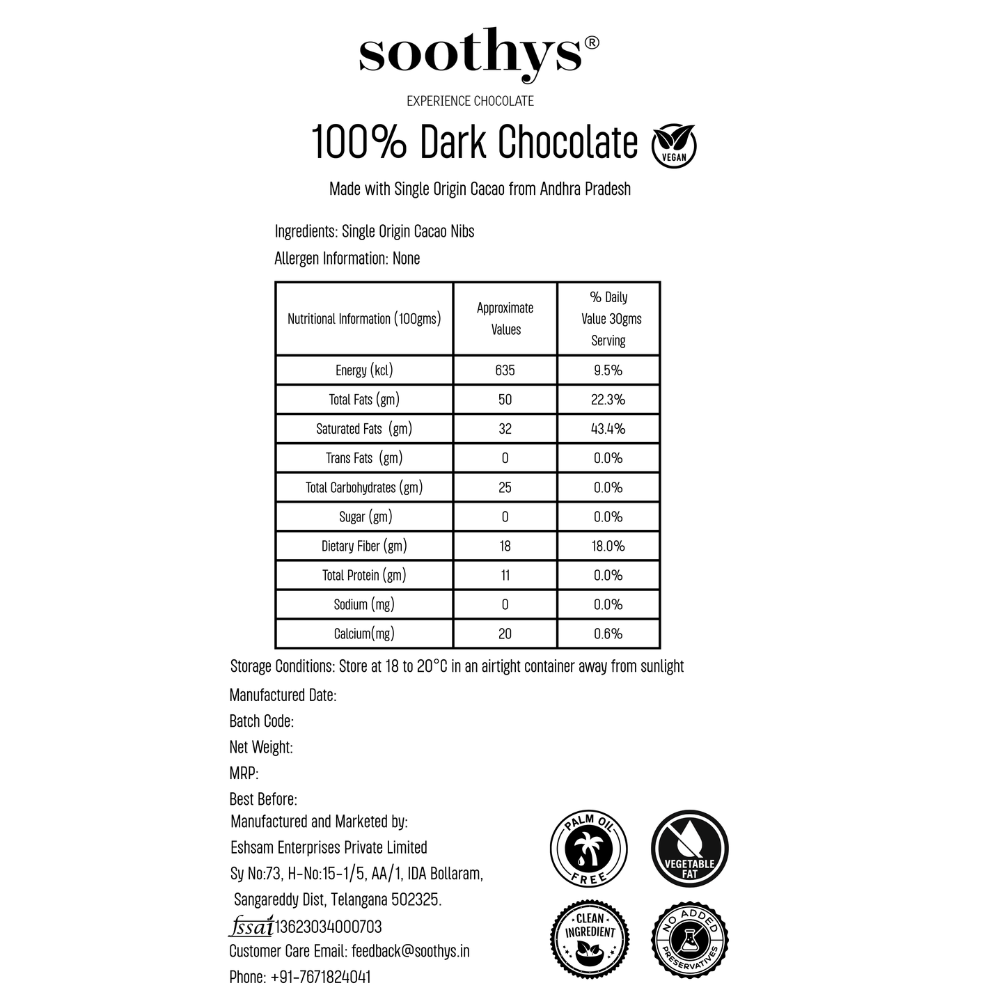 100% Dark Chocolate Bars Vegan |Sugar Free| 88gms