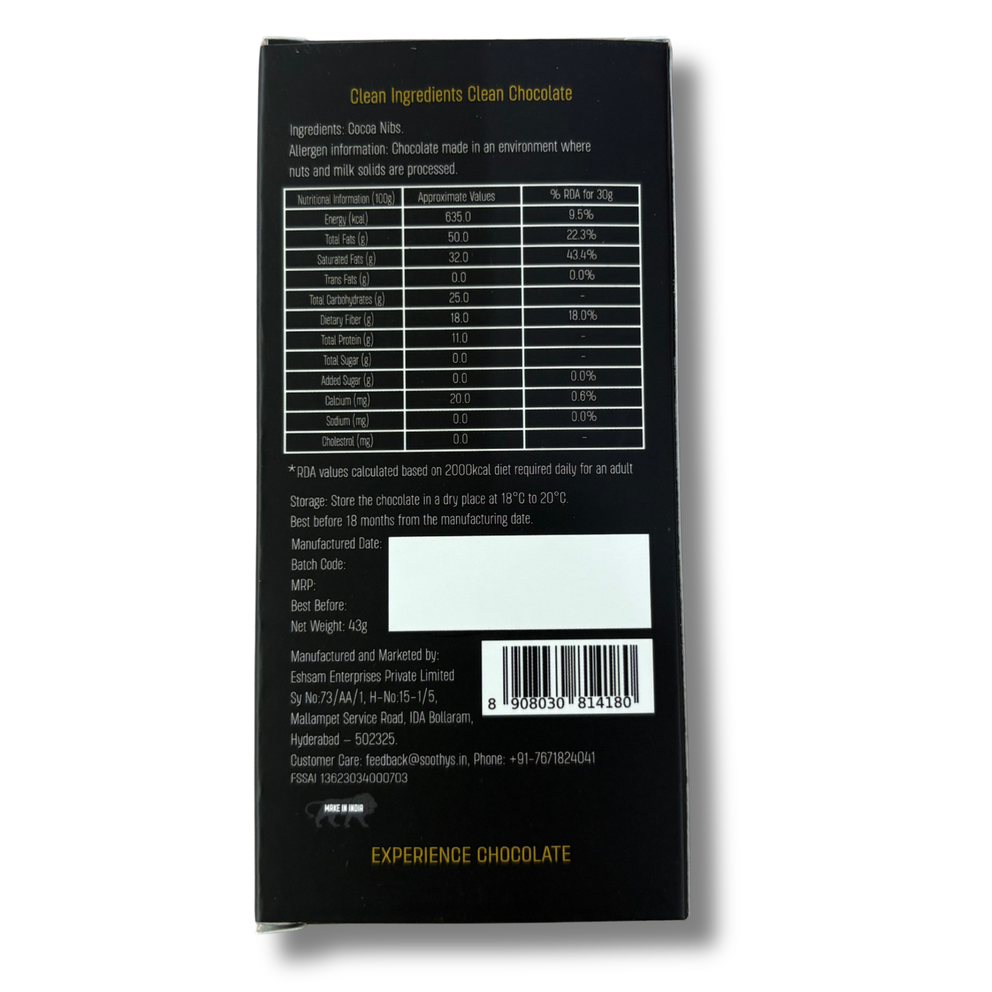 Pack Of 5 | 100% Dark Chocolate Bars Vegan |Sugar Free| 43 gms