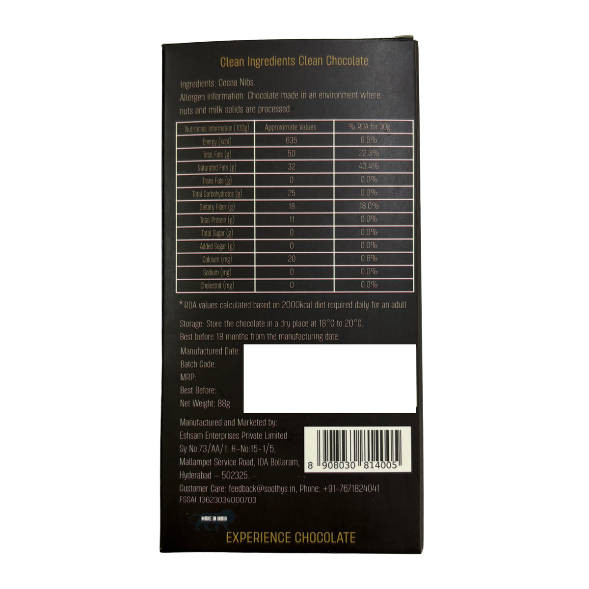 100% Dark Chocolate Bars Vegan |Sugar Free| 88 gms