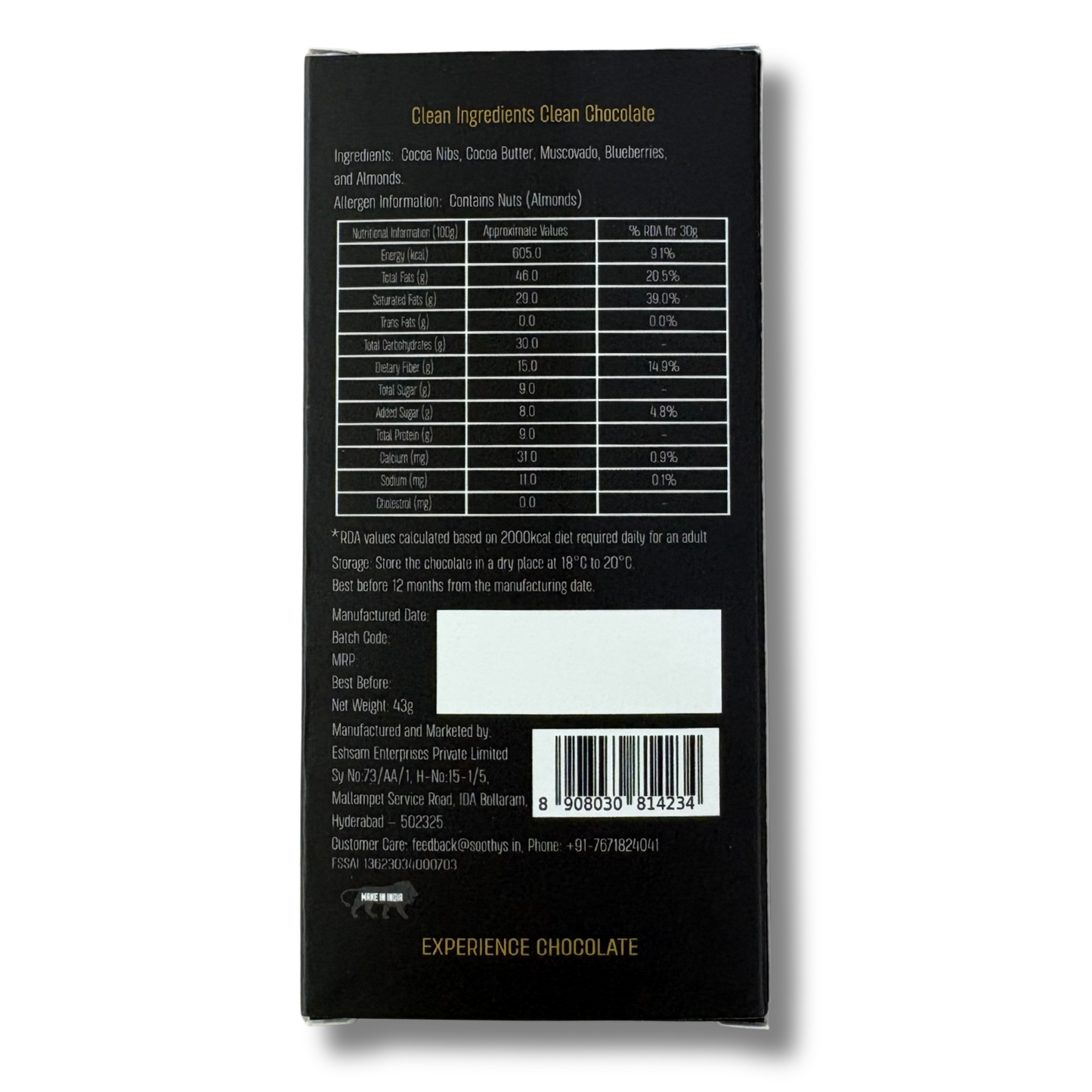 Pack Of 5 | 90% Dark Chocolate Bars | Blueberry and Almonds| Vegan | 43 gms