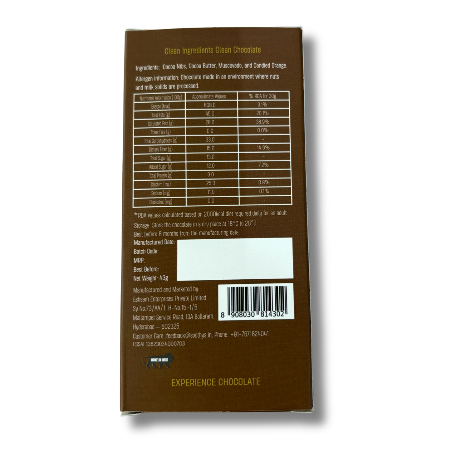 Pack Of 5 | 90% Dark Chocolate Bars |Candied Orange| Vegan | 43 gms