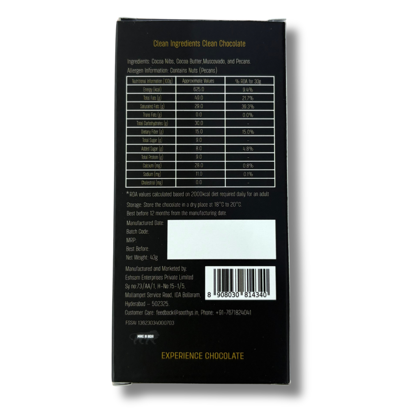 Pack Of 5 | 90% Dark Chocolate Bars | Pecans |Vegan | 43 gms
