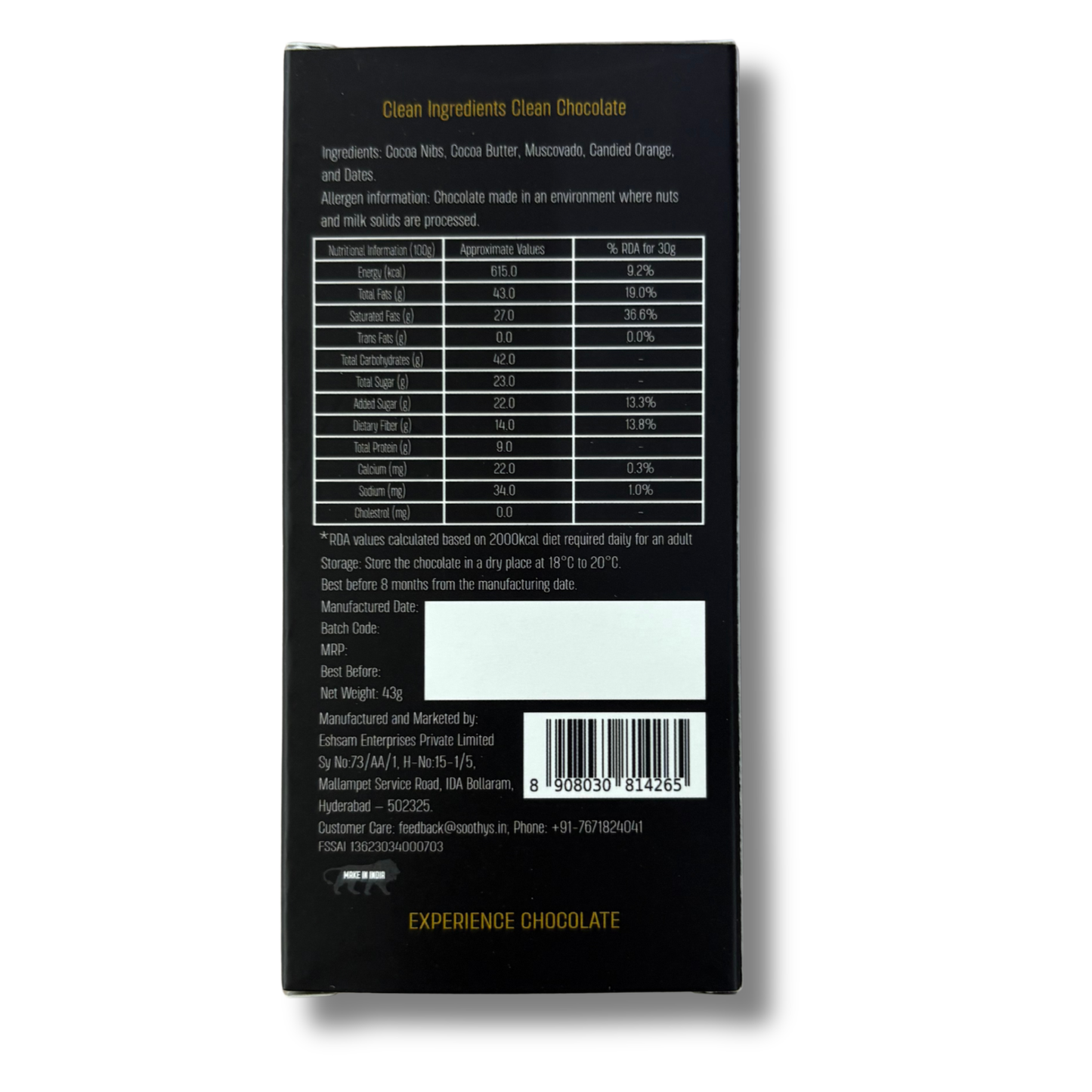 Pack Of 5 | 80% Dark Chocolate Bars |Orange and Dates| Vegan| 43 gms