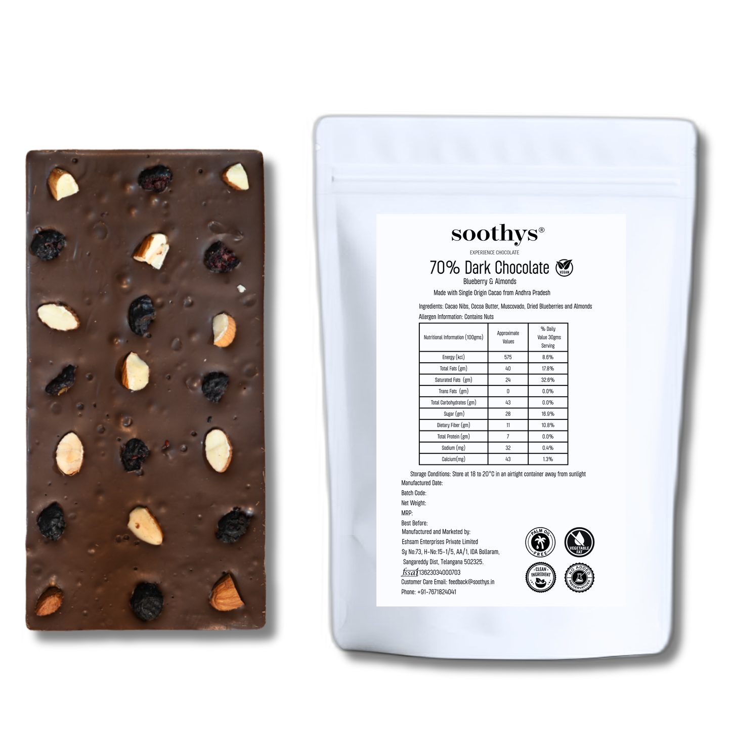70% Dark Vegan Chocolate Bars with Blueberry and Almonds | 88gms