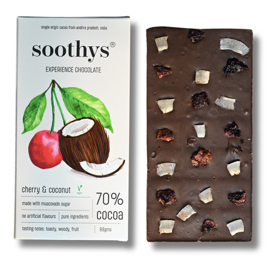 70% Dark Vegan Chocolate Bars with Cherry and Coconut | 88gms