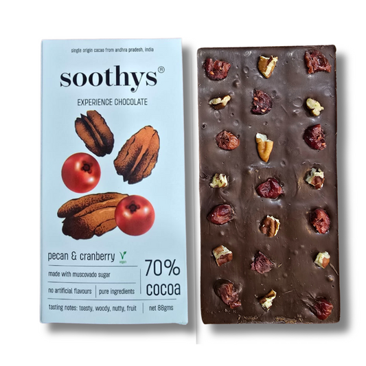 70% Dark Vegan Chocolate Bars Cranberry and Pecans | 88gms