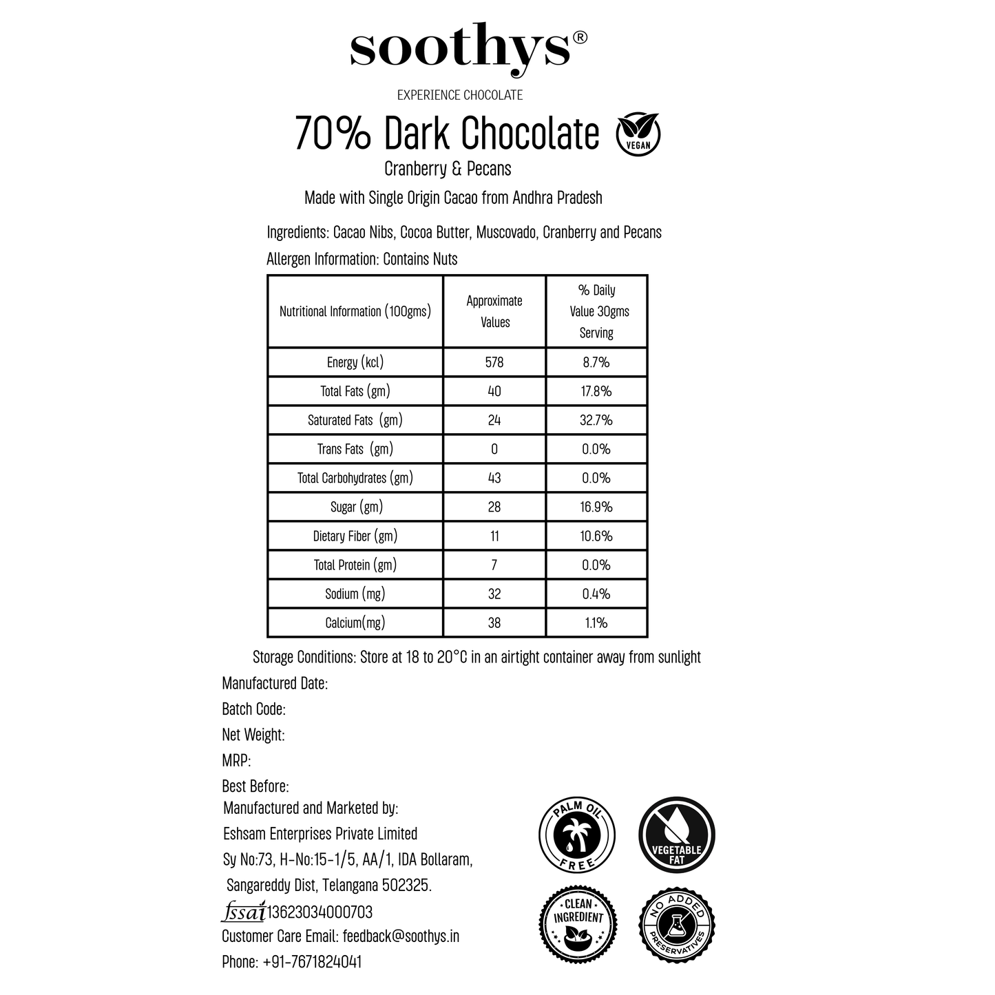 70% Dark Vegan Chocolate Bars Cranberry and Pecans | 88gms