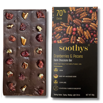 70% Dark Vegan Chocolate Bars Cranberry and Pecans | 88gms