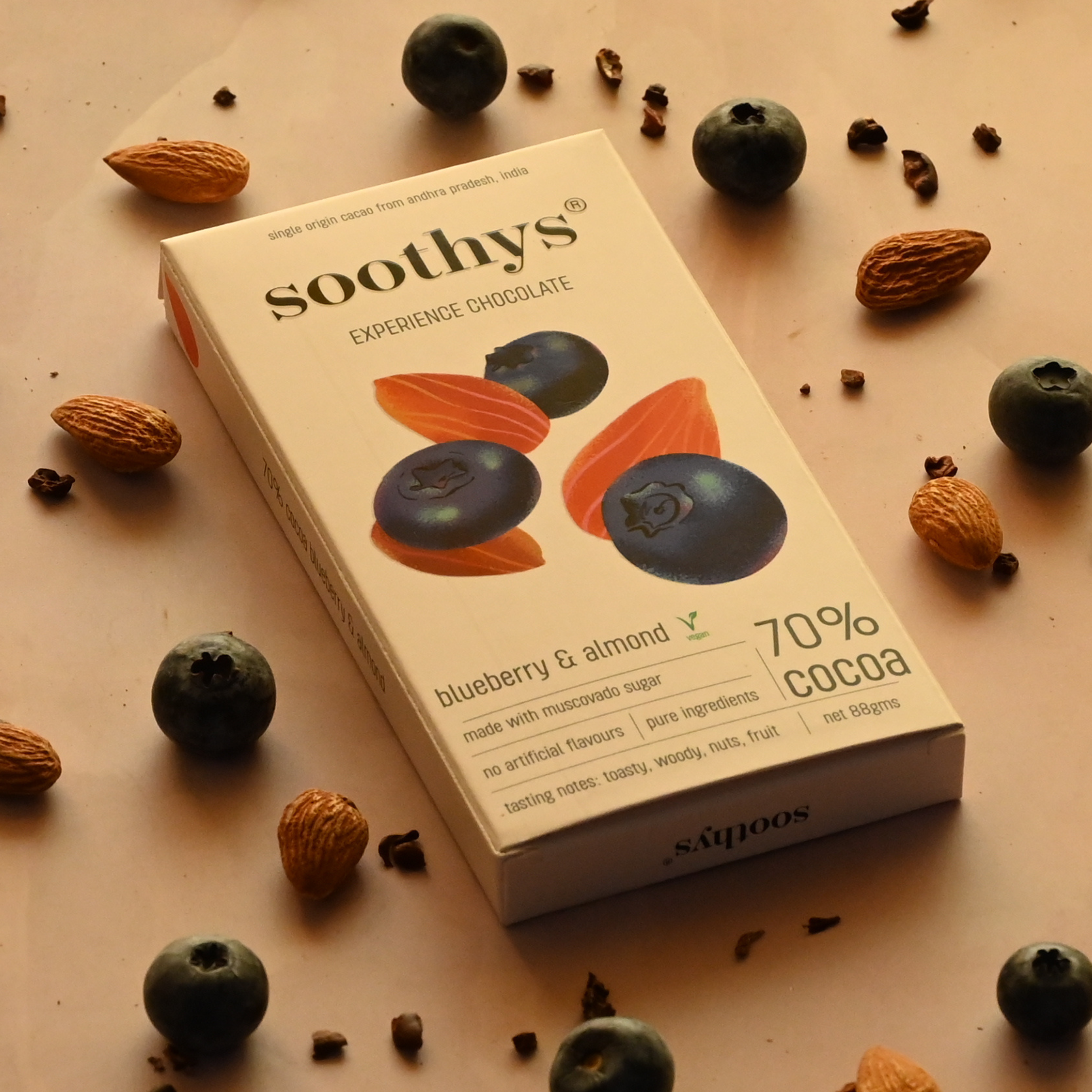 Soothys 70% Dark Vegan Chocolate Bar with Blueberry & Almonds