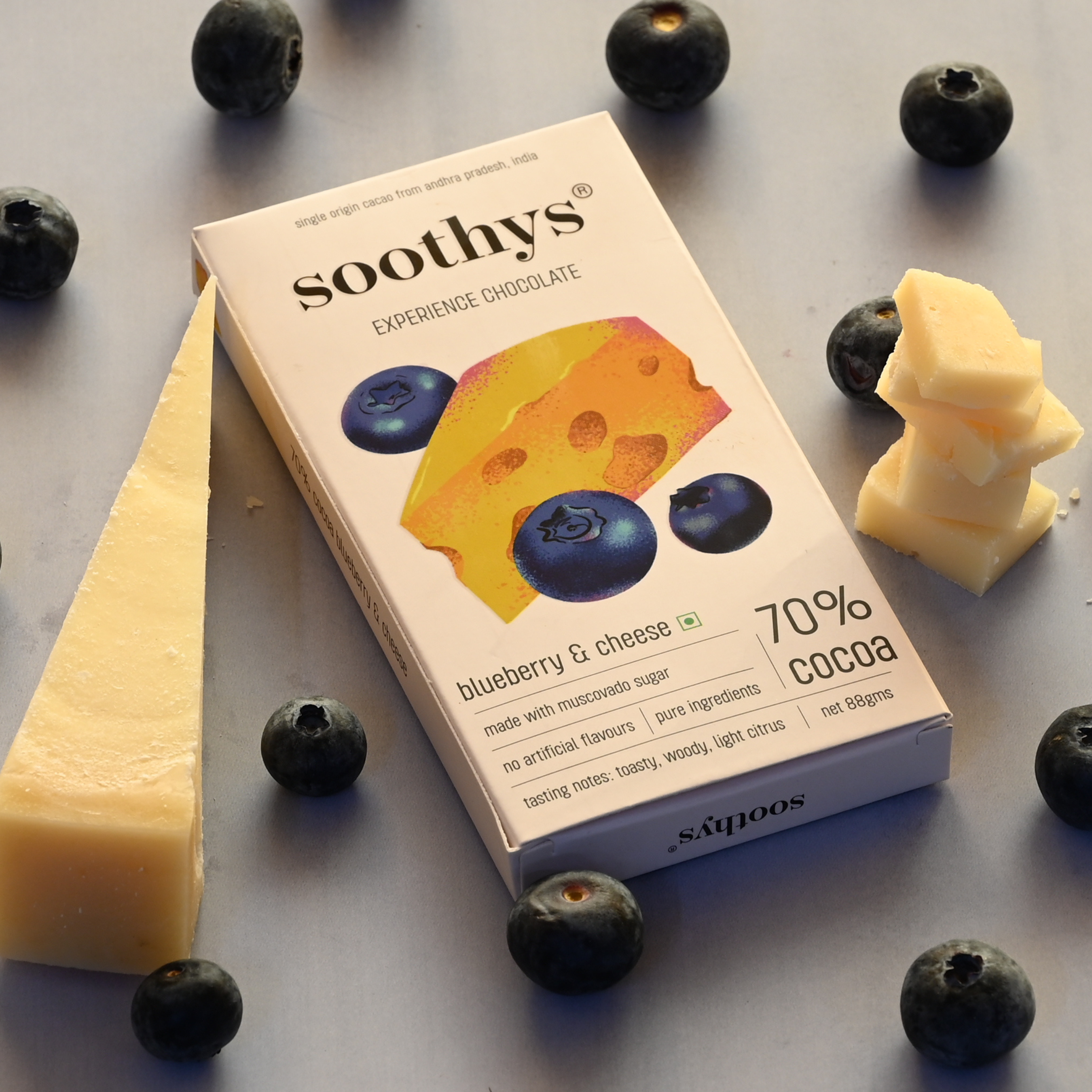 Soothys 70% Dark Chocolate Bar with Blueberries & Cheese