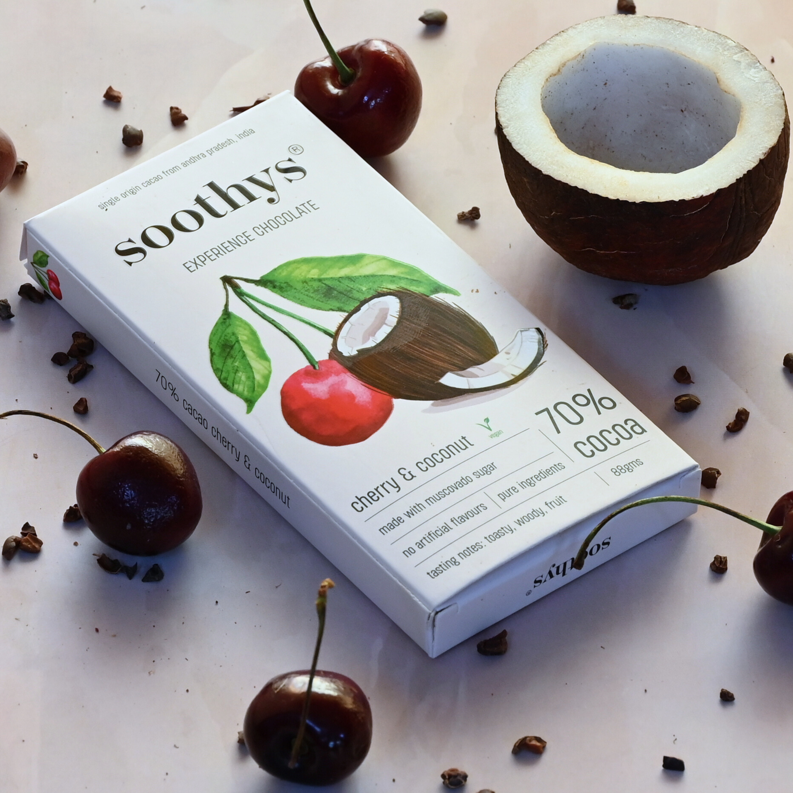 Soothys 70% Dark Vegan Chocolate Bar with Cherry & Coconut