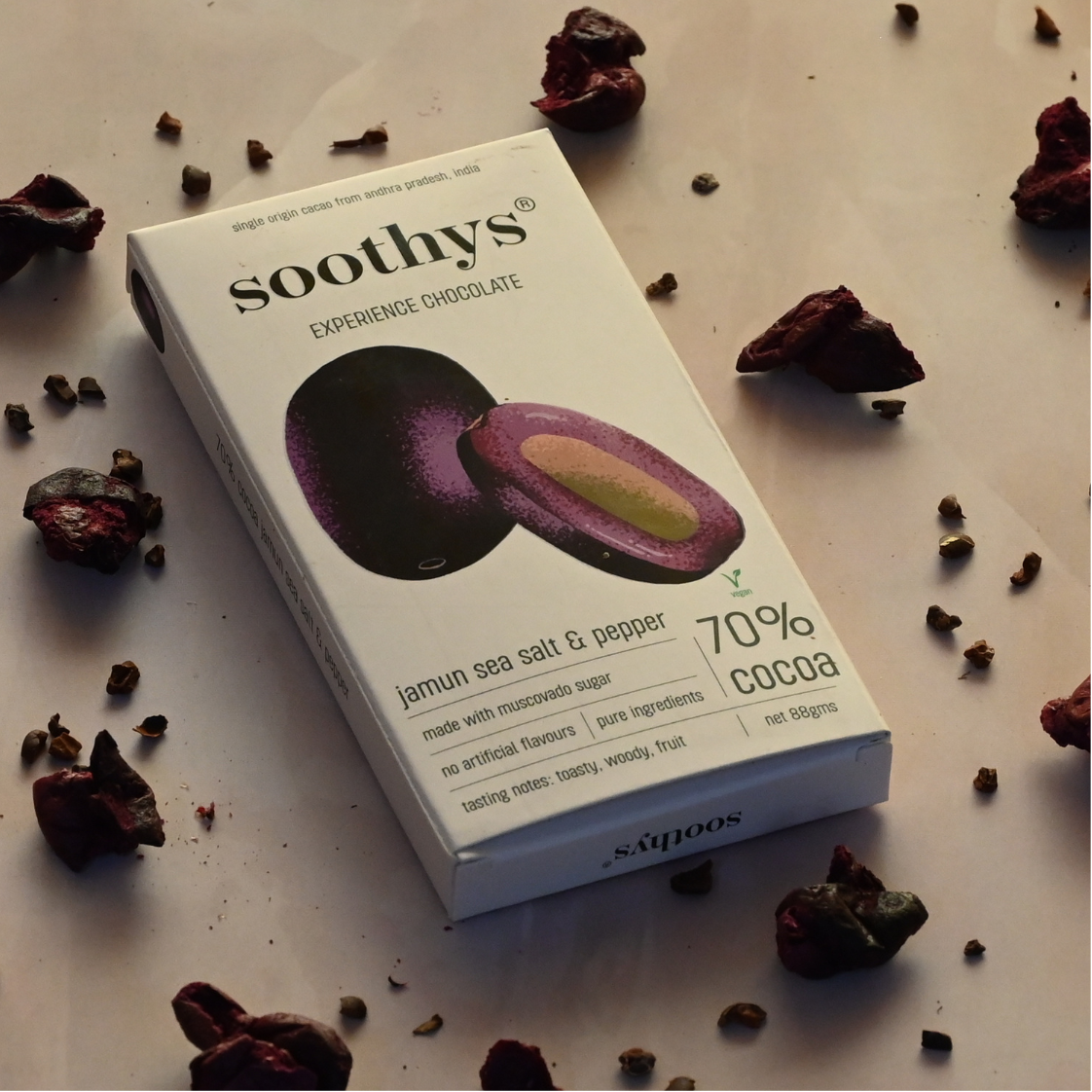 Soothys 70% Dark Vegan Chocolate Bar with Jamun, Sea Salt & Pepper