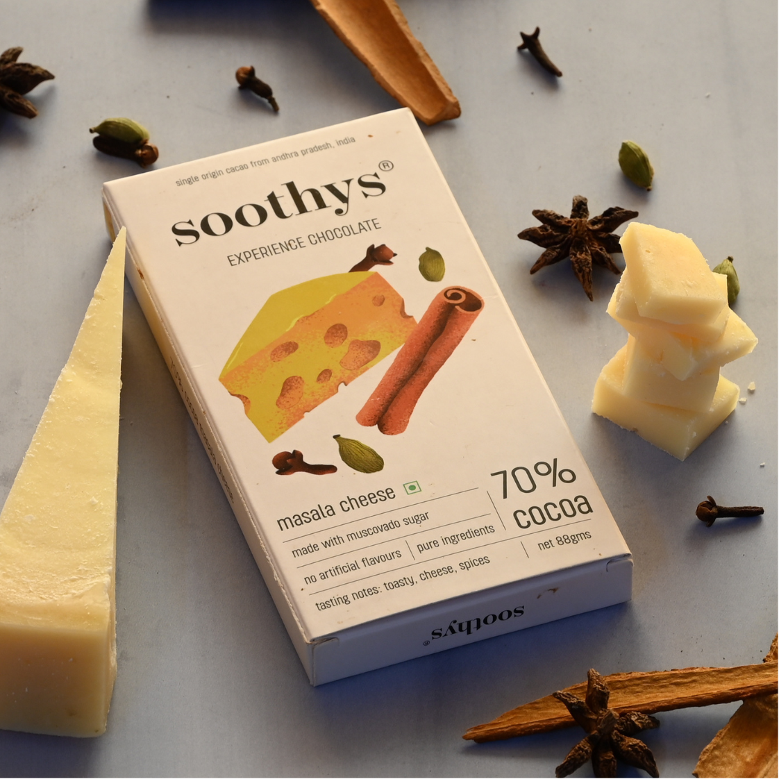 Soothys 70% Dark Chocolate Bar with Masala Cheese