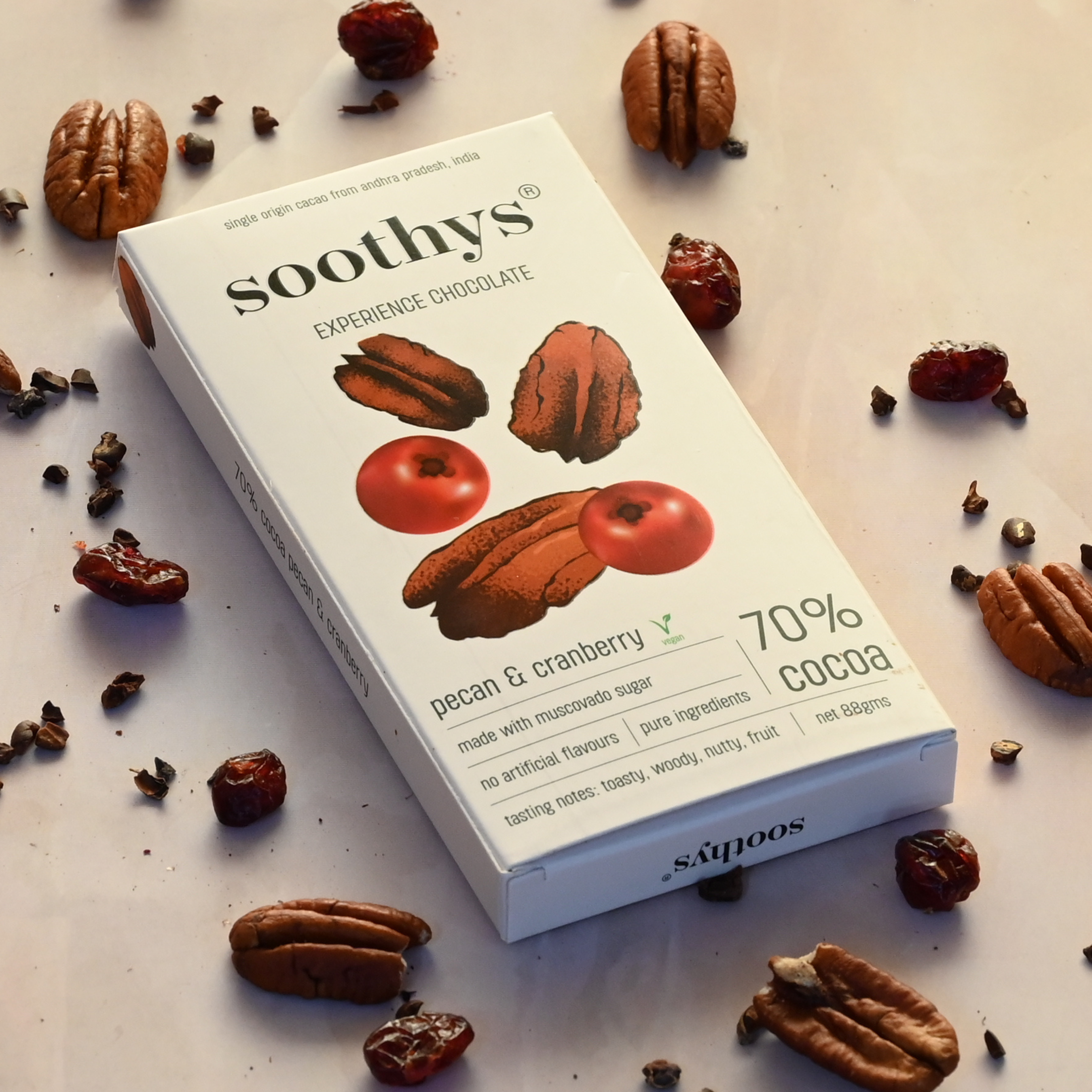 Soothys 70% Dark Vegan Chocolate Bar with Cranberry & Pecans