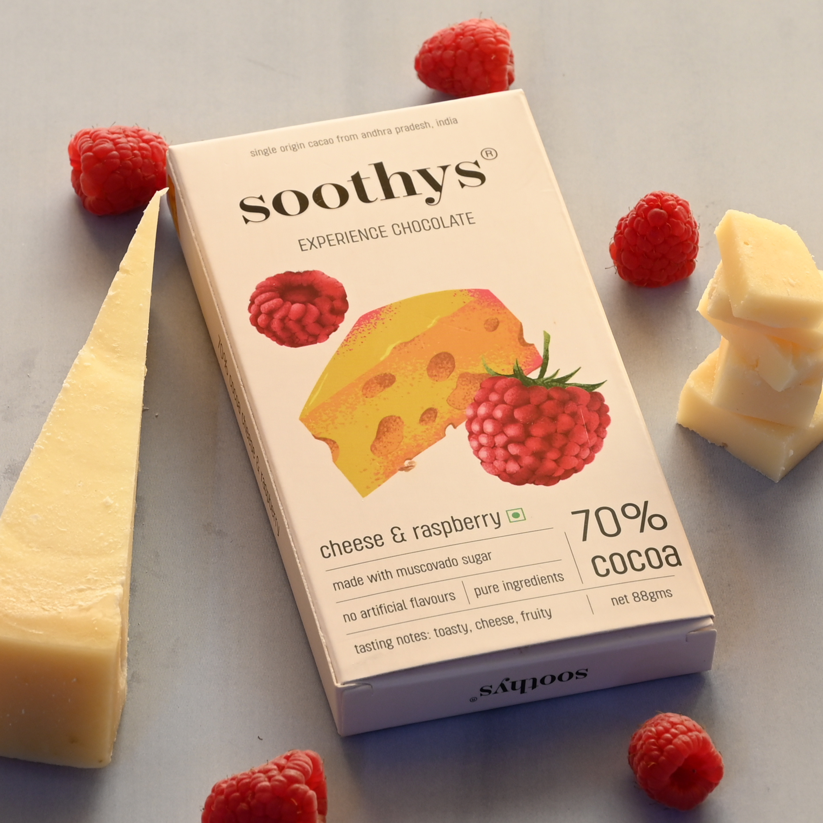 Soothys 70% Dark Chocolate Bar with Raspberry & Cheese