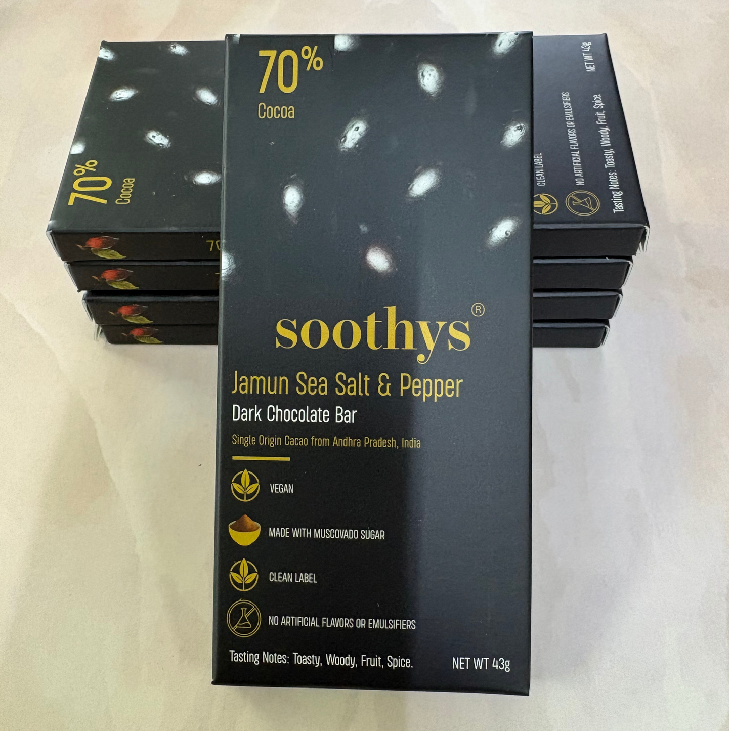 Pack Of 5 | 70% Dark Chocolate Bars | Jamun, Seasalt and Pepper | Vegan | 43 gms
