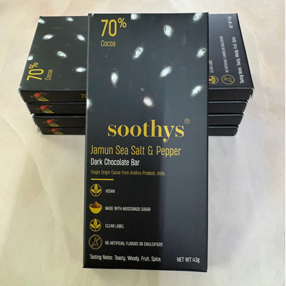 Pack Of 5 | 70% Dark Chocolate Bars | Jamun, Seasalt and Pepper | Vegan | 43 gms