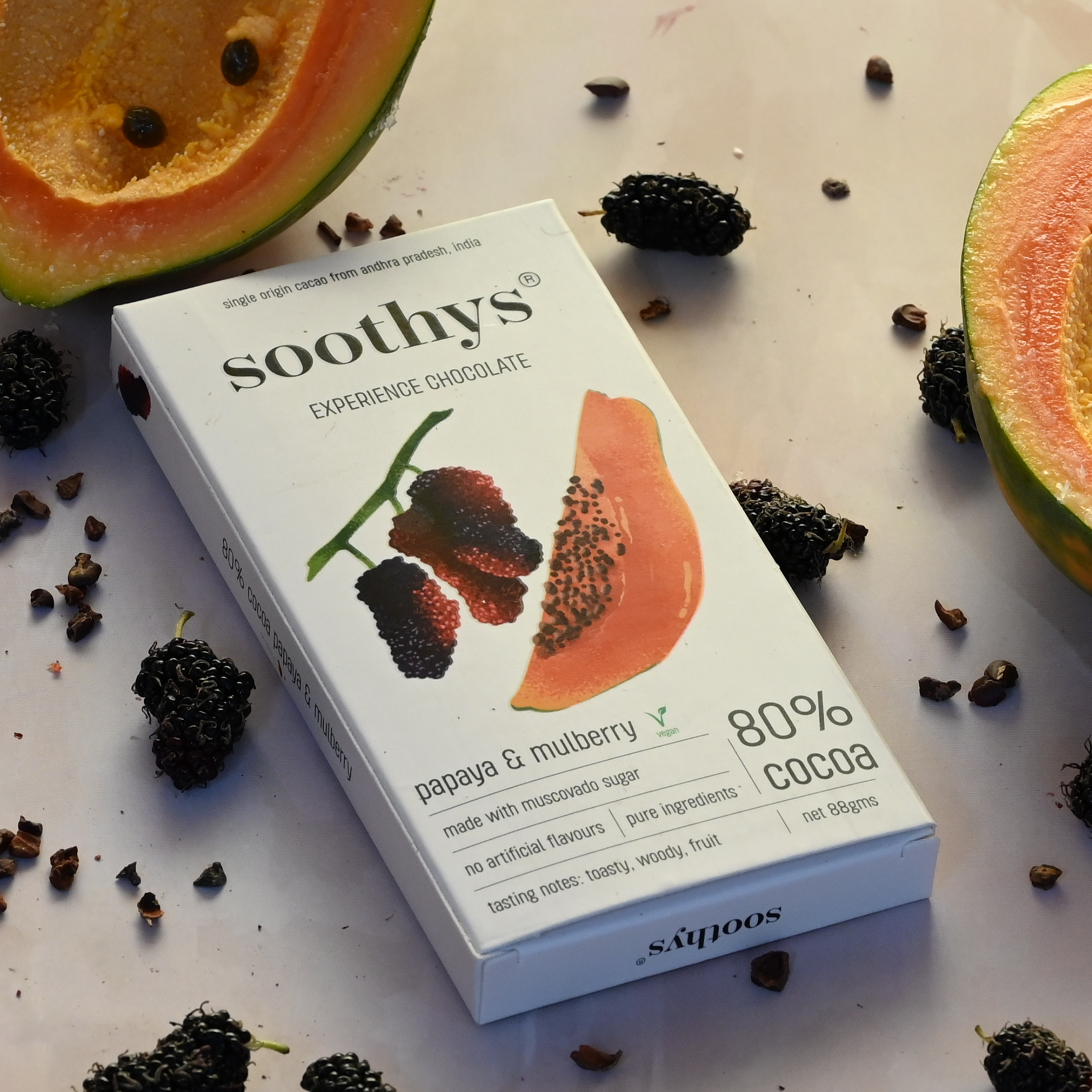 Soothys 80% Dark Vegan Chocolate Bar Mulberry & Papaya