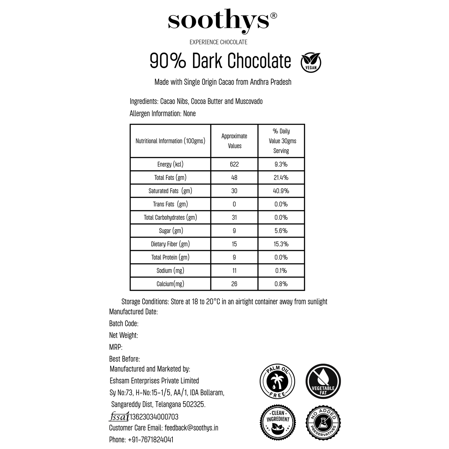 90% Dark Chocolate Bars Vegan | 88gms