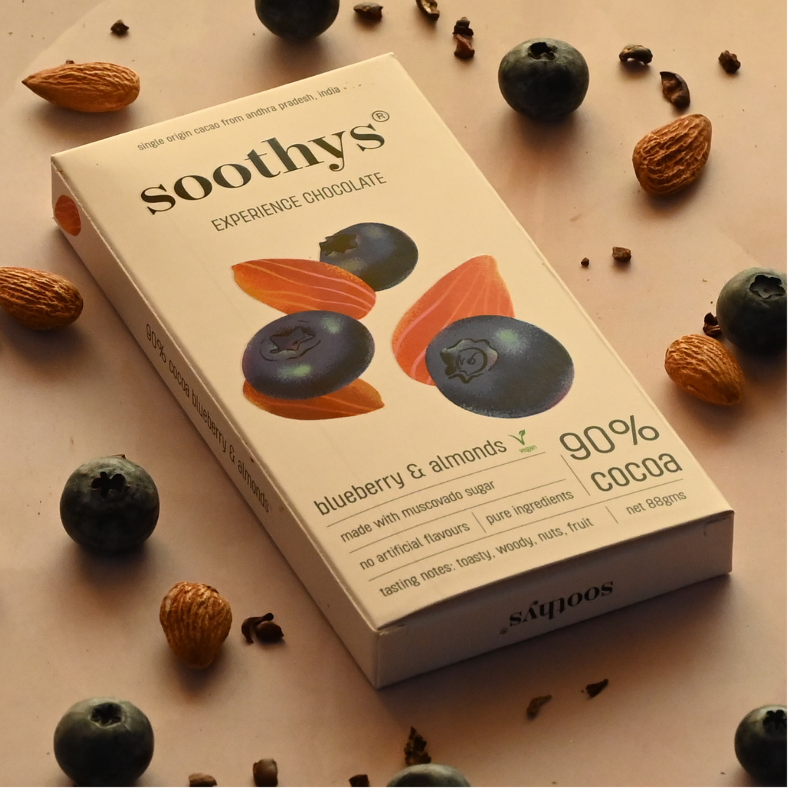 Soothys 90% Dark Vegan Chocolate Bar with Blueberry & Almonds