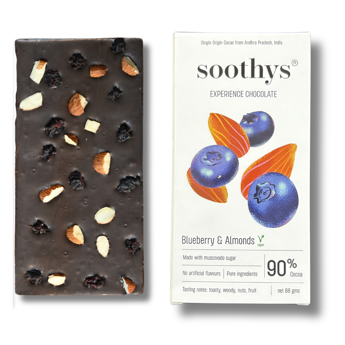 90% Dark Vegan Chocolate Bars with Blueberry and Almonds | 88gms