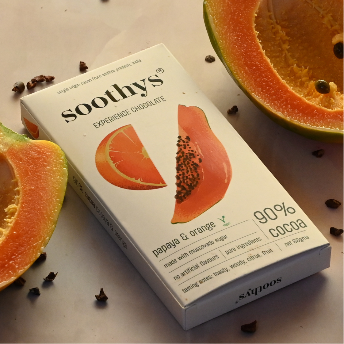Soothys 90% Dark Vegan Chocolate Bars with Papaya & Orange