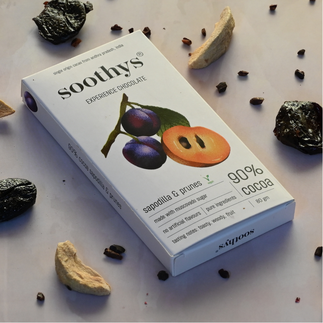 Soothys 90% Dark Vegan Chocolate Bars with Sapodilla & Prunes