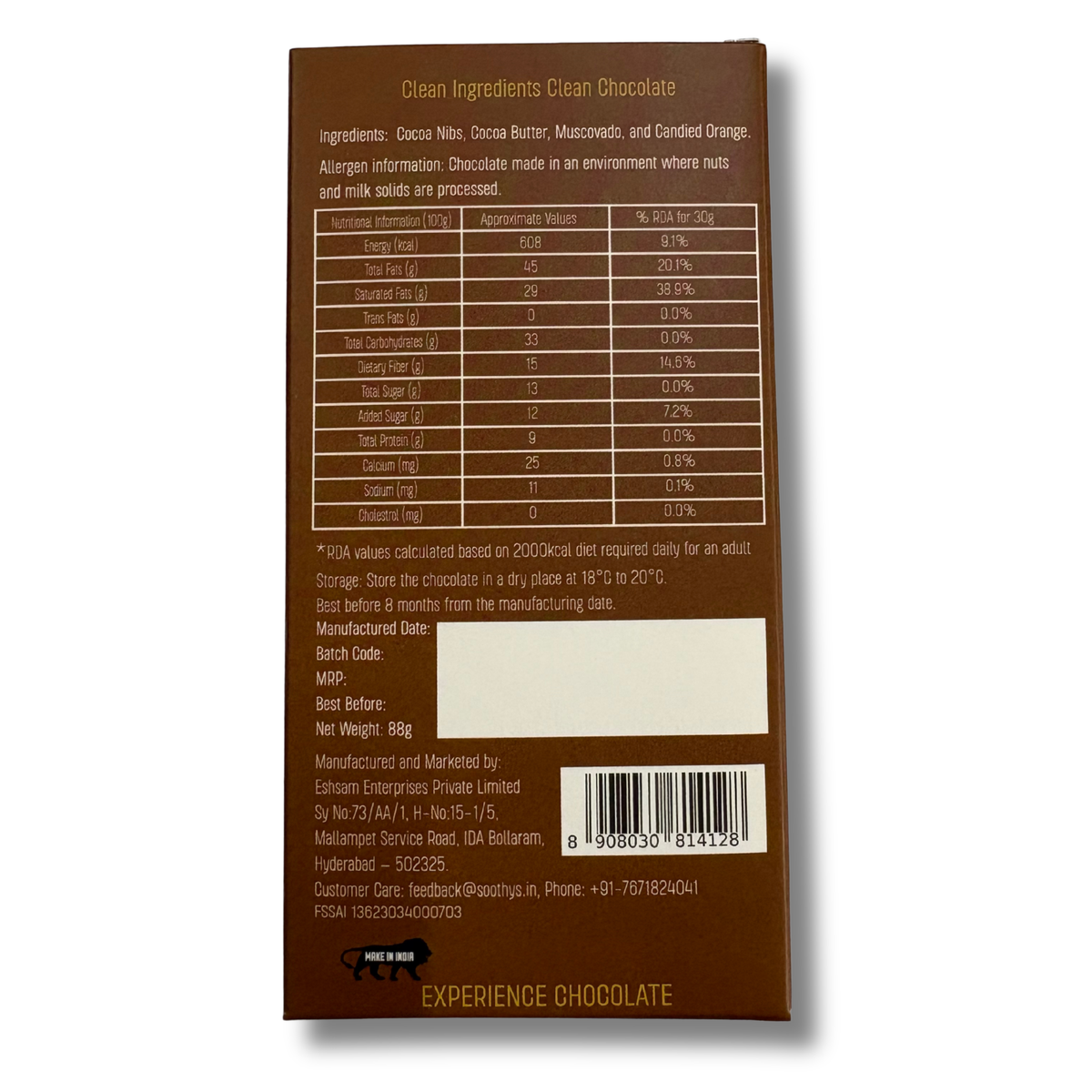 90% Dark Vegan Chocolate Bars with Candied Orange | 88gms