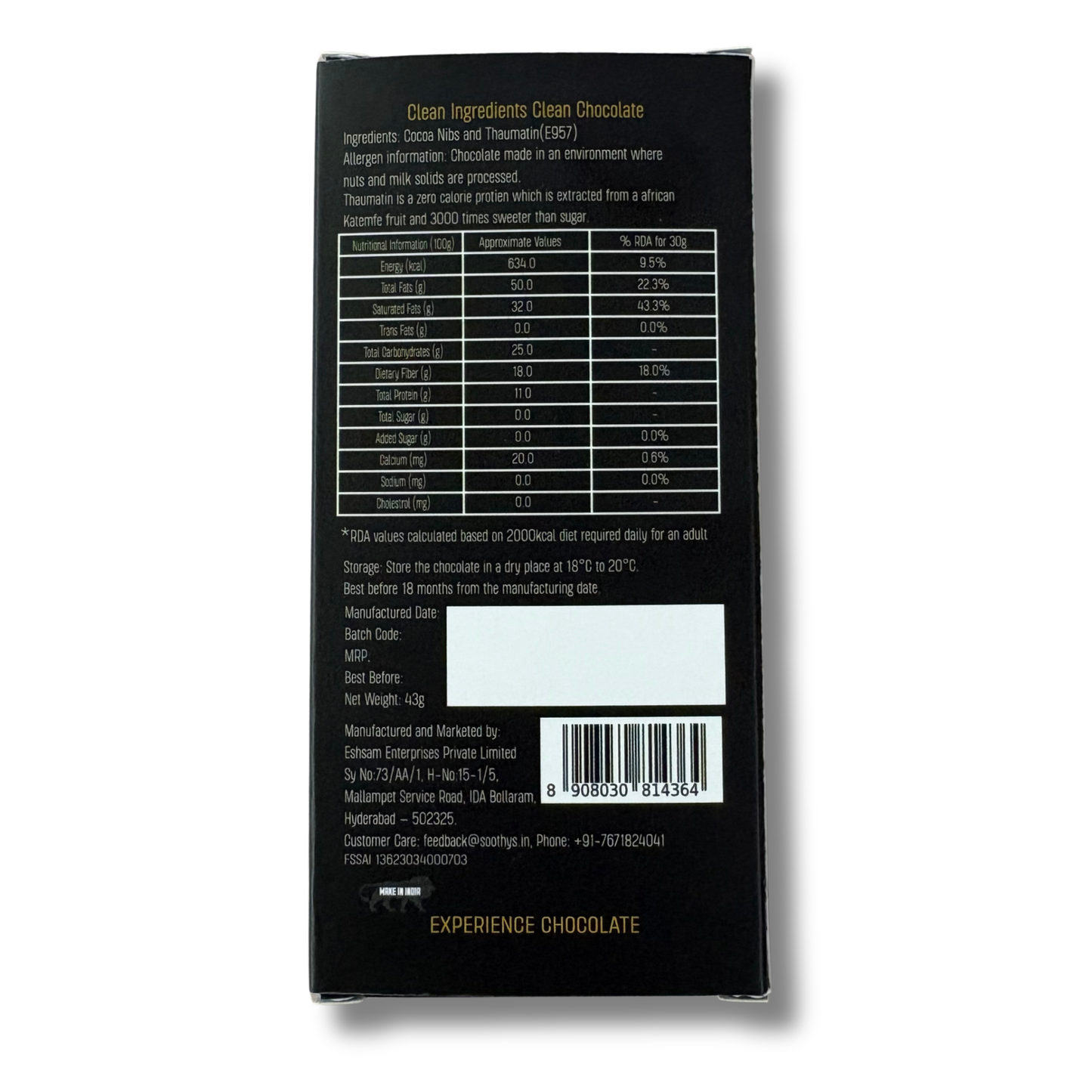 Pack of Five | 99.9% Dark Chocolate Bars Vegan |Sugar Free| 43 gms