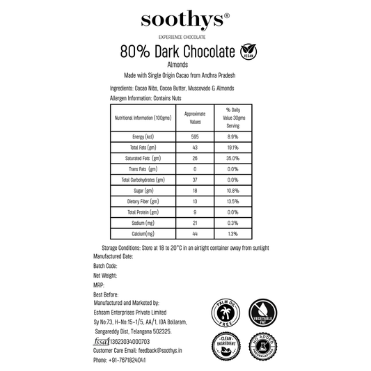 80% Dark Almond Vegan Chocolate Bars| 88gms