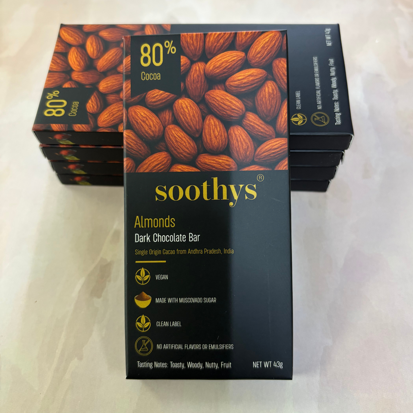 Pack Of 5 | 80% Dark Almond Chocolate Bars Vegan | 43 gms