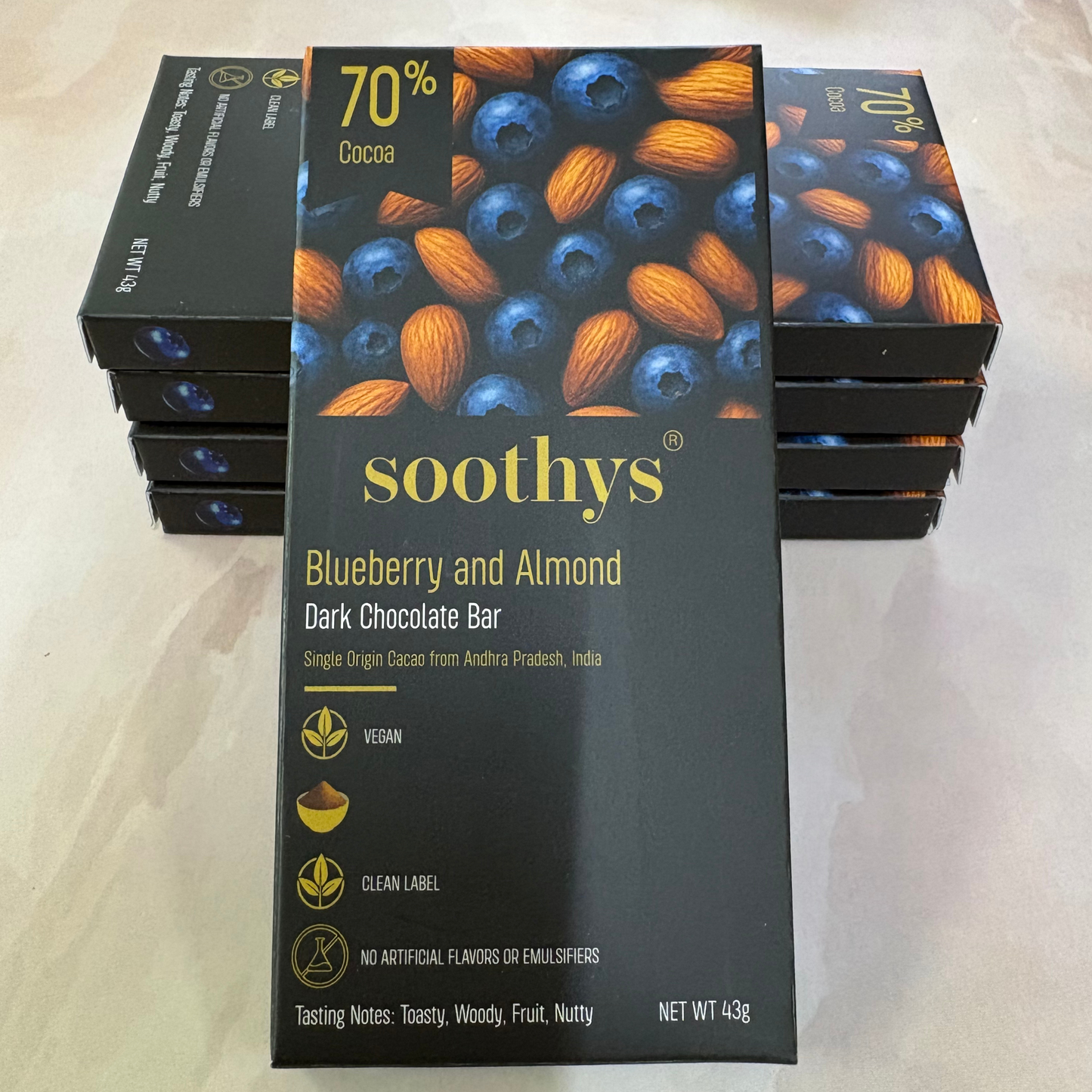 Pack Of 5 | 70% Dark Chocolate Bars | Blueberry and Almonds | Vegan | 43 gms