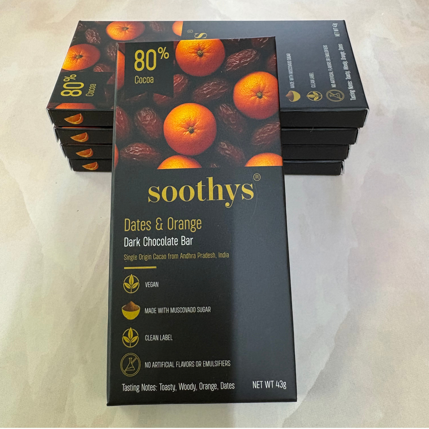 Pack Of 5 | 80% Dark Chocolate Bars |Orange and Dates| Vegan| 43 gms