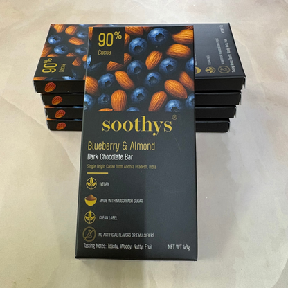 Pack Of 5 | 90% Dark Chocolate Bars | Blueberry and Almonds| Vegan | 43 gms
