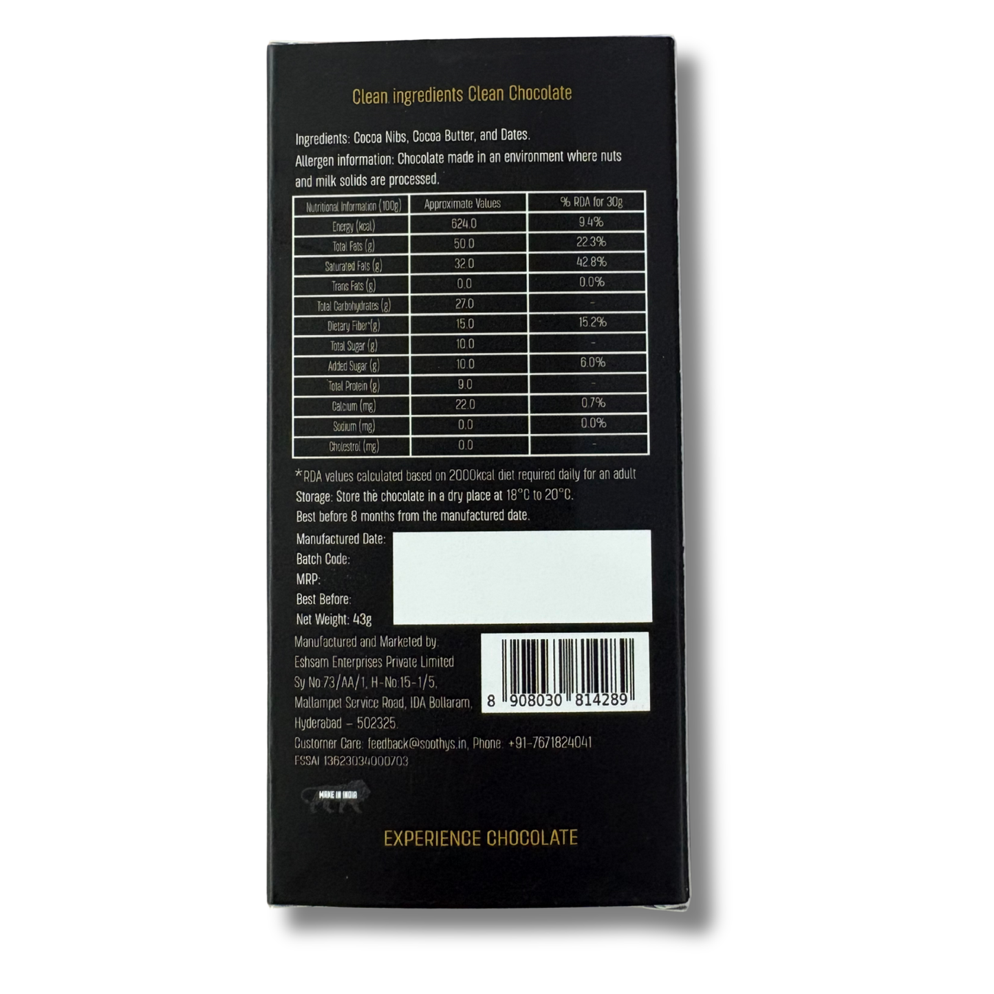 Pack Of 5 | 90% Dark Chocolate Bars Vegan |Date Sweetened| 43 gms