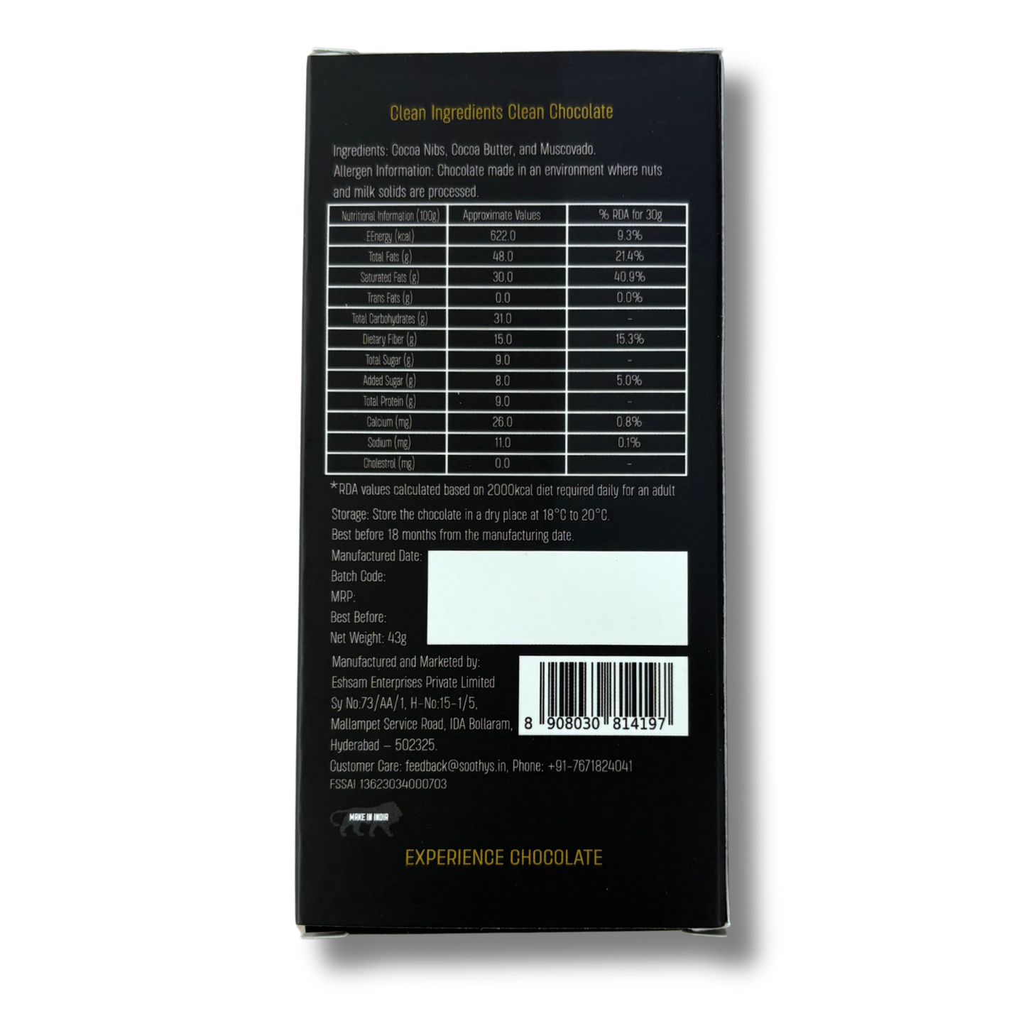 Value Combo - 90% Dark Vegan Classic Chocolate Bars (43 grams - 5 bars)