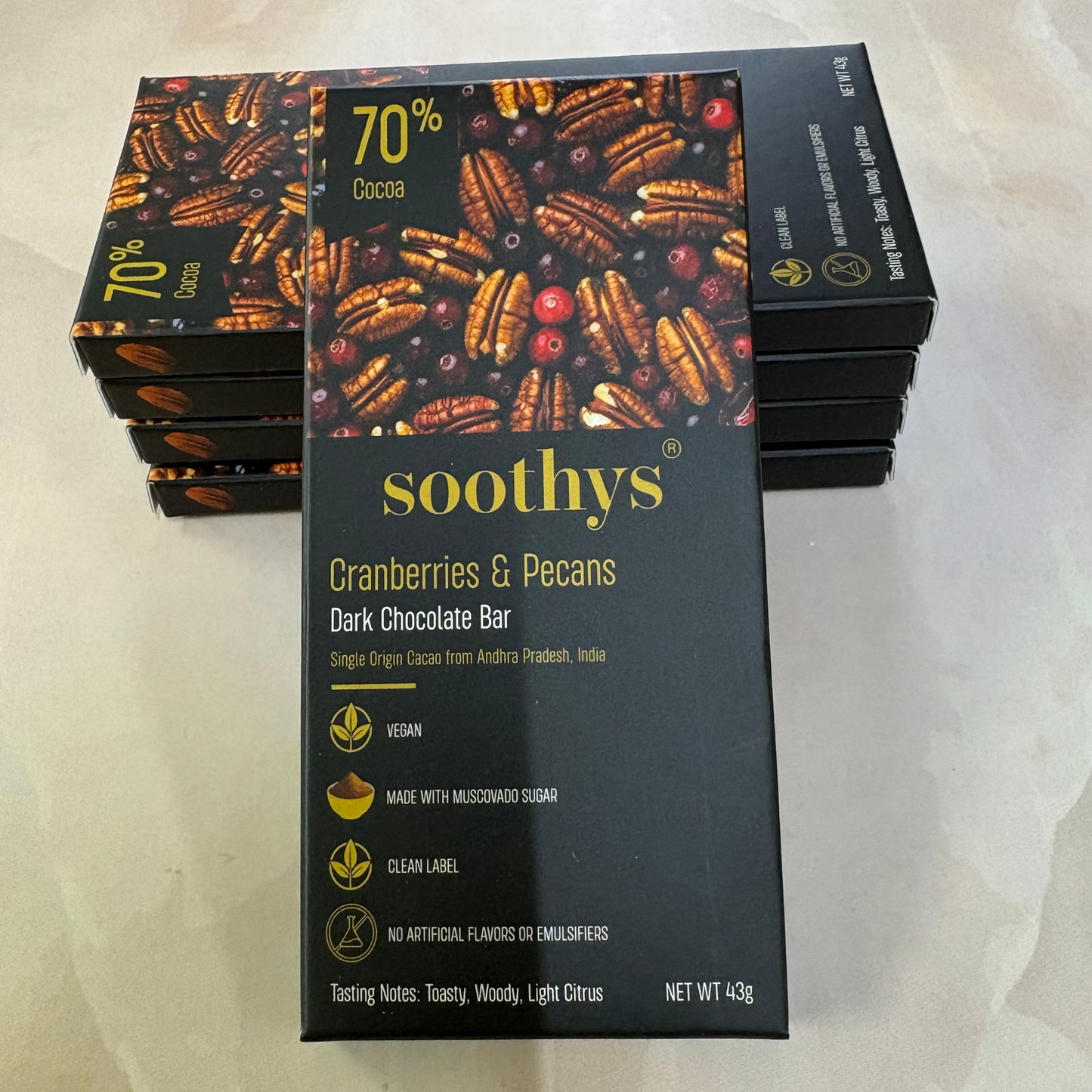 Pack Of 5 | 70% Dark Chocolate Bars Cranberry and Pecans | Vegan | 43 gms